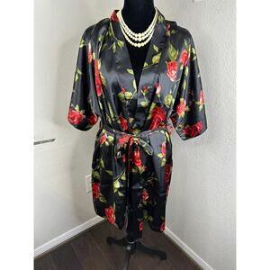 Alexander Del Rossa Black Satin Rose Floral Kimono Robe - Small
